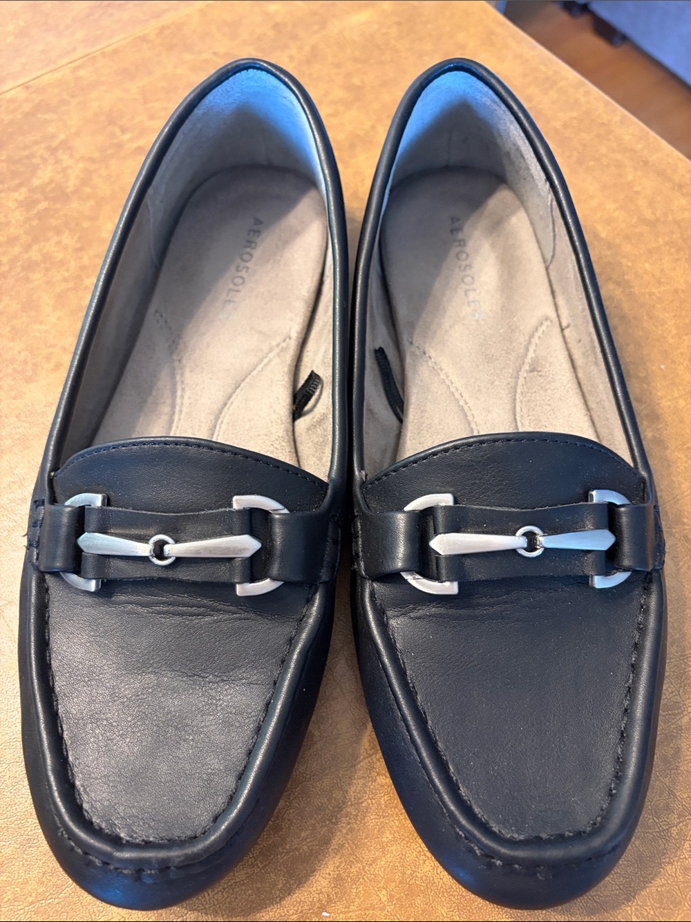 AEROSOLES Black Leather Loafer with Silver Accent